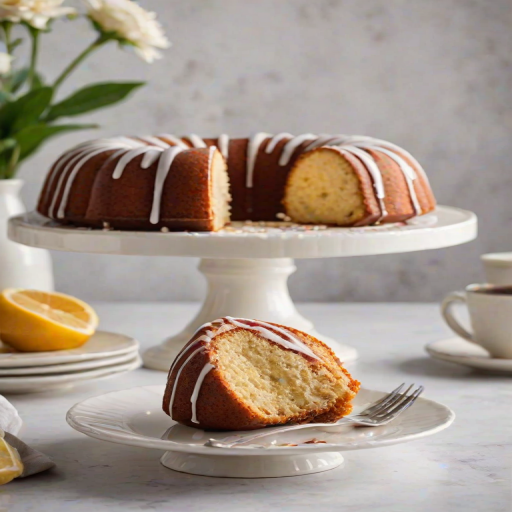 Generate an image of a beautifully baked bundt cake on a white pedestal cake stand. The cake should be golden brown with a glossy icing drizzled on top, and a few slices should be cut out to showcase the moist interior. The background should be bright and airy, suggesting a sunny kitchen setting. Include a plate and a spoon next to the cake for serving.