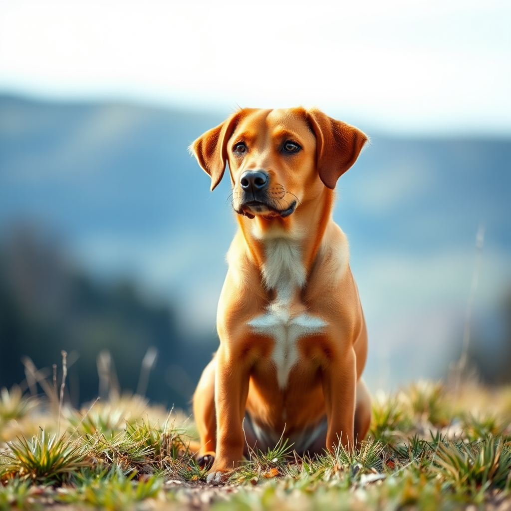 A high-quality photograph of a brown dog sitting on grass with a blurred background, taken with a DSLR camera at f/2.8 aperture, 1/500 shutter speed, ISO 200, using a 50mm lens in natural light.