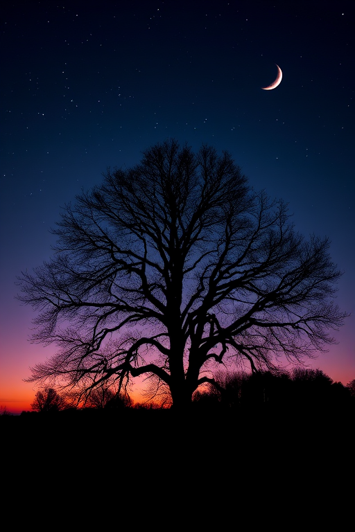 Generate a digital artwork of a silhouetted tree against a twilight sky with stars and a crescent moon, using a DSLR camera, f/8 aperture, 25mm lens, ISO 100, and a long exposure of 30 seconds for enhanced detail and color.
