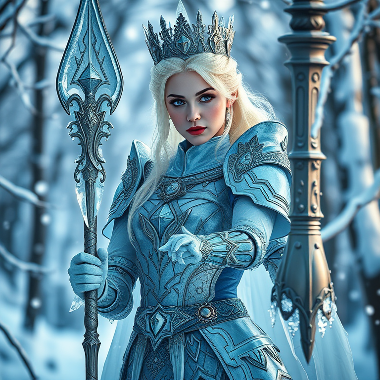 regenerate an image of a beautiful ice queen in an enchanted snowy forest, detailed armor with ice elements, dynamic pose holding a magical staff, soft ethereal lighting, focus on facial features, depth of field, shot with a Canon EOS R5, 85mm lens, f/1.4 aperture, ISO 100, 1/200s shutter speed