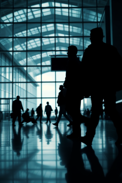 silhouetted passengers in an airport terminal with glass architecture, high contrast, moody lighting, sharp focus, f/2.8, ISO 200, 1/60s, wide-angle lens, captured with a full-frame DSLR camera, natural light, minimalistic composition