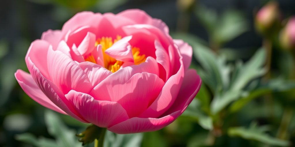 Close-up shot of a vibrant pink peony flower in natural light, using a DSLR camera with a 50mm lens, aperture set to f/2.8 for a shallow depth of field, ISO 100 for minimal noise, and a shutter speed of 1/250s to capture fine details.