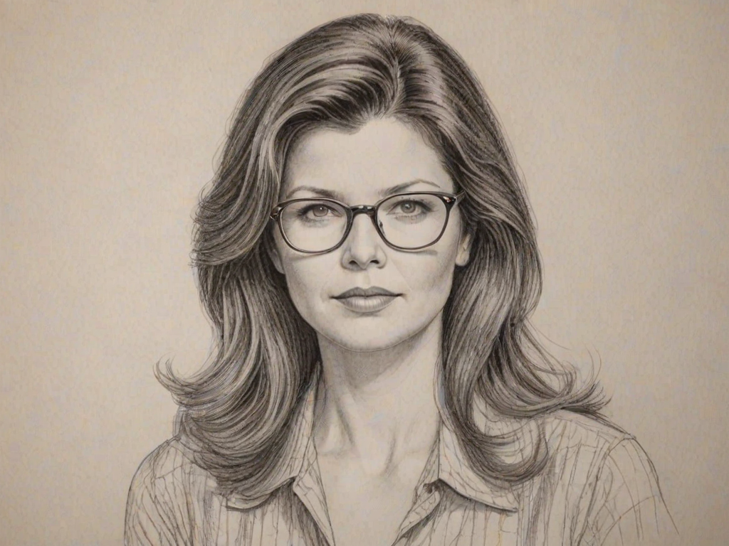 Exquisite Daphne Zuniga, pencil sketch, portrait of Comely woman 1970s in glasses, hair style beatnik, outline, clear lines, fine lines, 8k