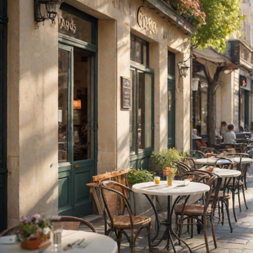 Soft-focus image of a quaint cafeterrace in Paris, with tables set for breakfast, soft morning light casting gentle shadows, and flowers blooming in window boxes.