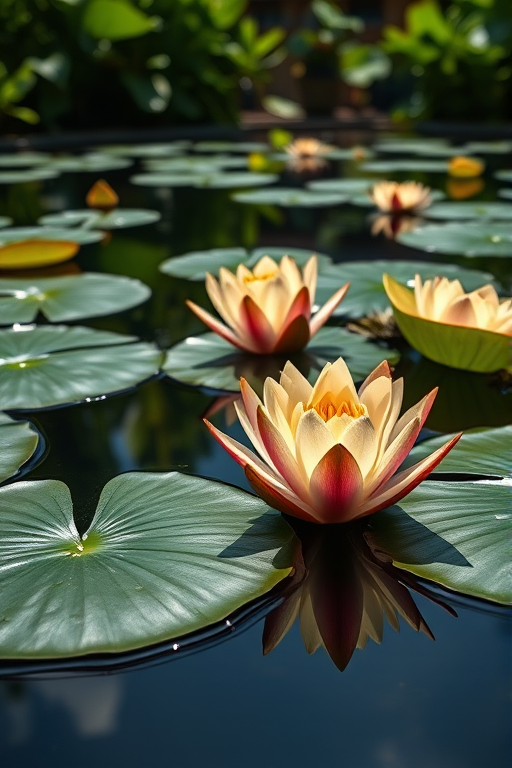 Create a high-resolution image of large lily pads on a serene pond, captured from a low angle with a macro lens, using a shallow depth of field, natural lighting, focal length of 100mm, aperture set to f/2.8, ISO 100, and enhanced color saturation for vibrant reflections.