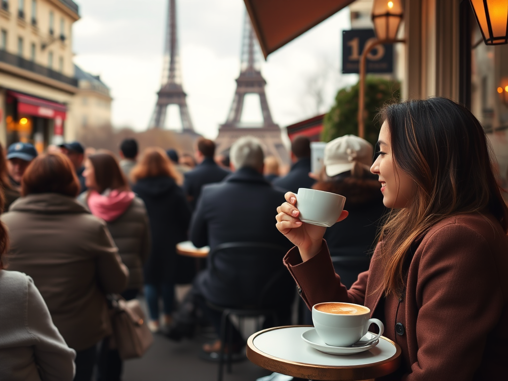 Crowded cafe in Paris, the Eiffel Tower visible in the distance, a woman sipping a cappuccino, watching the world go by from her small, round table.