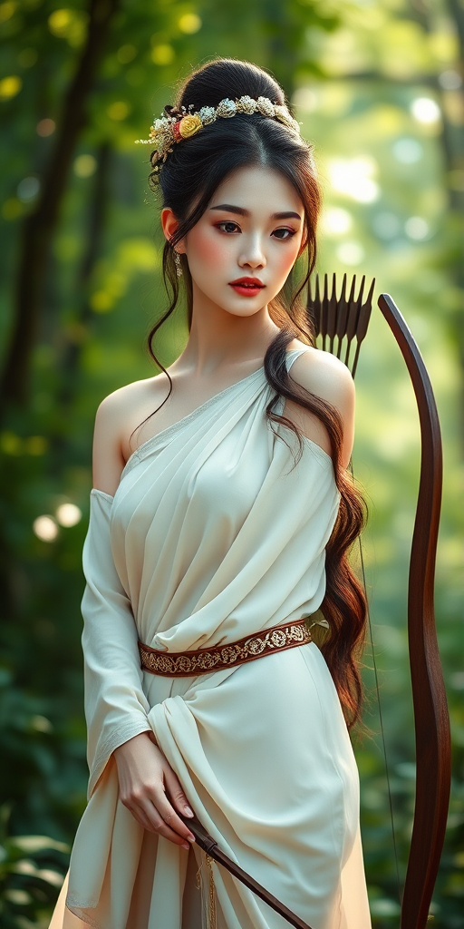 Create a portrait of a goddess-like Chinese girl figure in a tranquil, forested environment. She has an elegant appearance with long, wavy hair styled in an updo and adorned with a delicate, floral headband. She wears a flowing, ancient Greek-inspired gown in a soft, pale color, featuring a one-shoulder design and draped fabric that accentuates her graceful form. The outfit includes a decorative belt with ornate gold detailing, and she holds a bow in her hand, with a quiver of arrows slung over her shoulder. The background depicts lush greenery, with sunlight filtering through the trees, casting a gentle, ethereal light on the scene. Her expression is calm and contemplative, embodying a sense of wisdom and serenity.