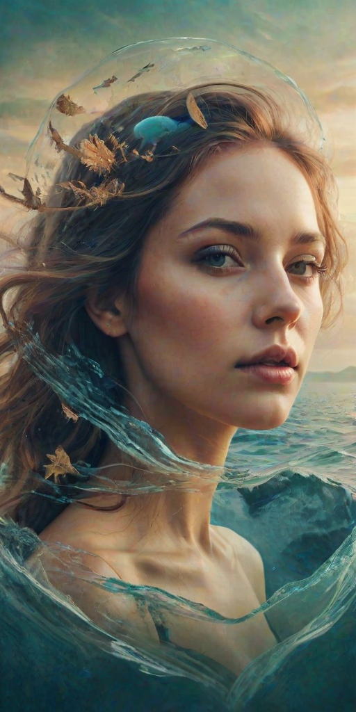 imagine Book cover, A surreal double exposure portrait that blends a woman's face with a beautiful seascape. The overall mood is dreamy and mystical, with rich colors and intricate details