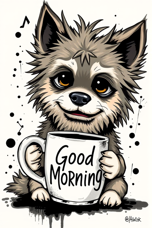 A quirky, artistic illustration of a disheveled aussiepom dog breed with exaggerated, large eyes and spiky fur, holding a coffee mug that reads "Good Morning". The dog has a tired but humorous expression, with ink splatters and abstract details surrounding it, giving a whimsical feel to the image. The color palette is mostly monochrome with hints of black in the eyes and steam rising from the mug, enhancing the overall sleepy vibe