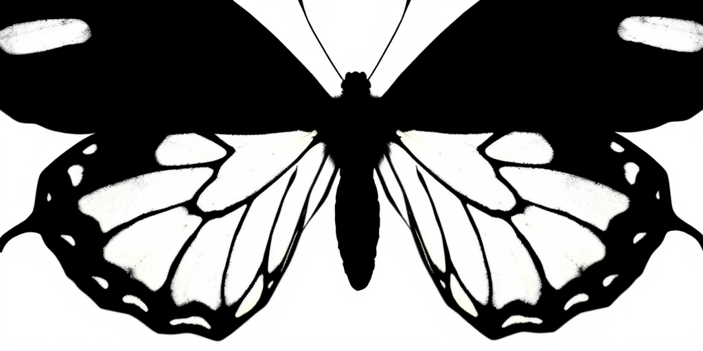 Create a high-resolution image of a stylized black silhouette of a butterfly against a white background using a DSLR camera, aperture f/2.8, shutter speed 1/125s, ISO 100, in macro view for enhanced detail.