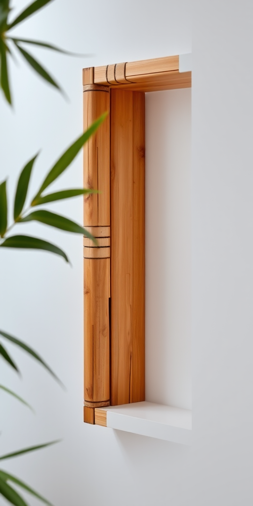 Create an image of a bamboo frame with a white interior, using a high-resolution DSLR camera with a 50mm lens, aperture set to f/2.8, ISO 100, natural lighting, and a shallow depth of field for enhanced detail and texture.
