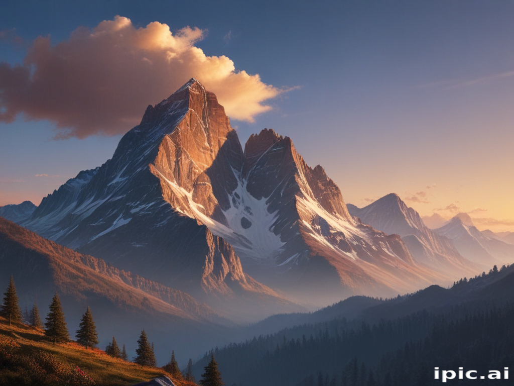 Majestic Mountain Peaks Bathed in Golden Light at Sunset Time.