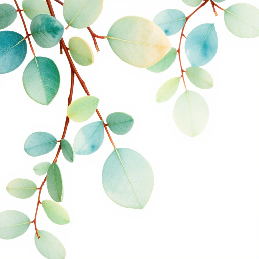 Create a high-resolution watercolor illustration of delicate eucalyptus leaves on a white background, using a Canon EOS R5 with a 50mm f/1.2 lens, aperture set to f/2.8, ISO 100, and a soft diffused lighting setup for enhanced detail and color vibrancy.