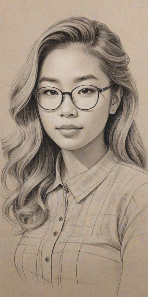 Appealing Chloe Kim, pencil sketch, portrait of Comely woman 1942s in glasses, hair style beatnik, outline, clear lines, fine lines, 8k