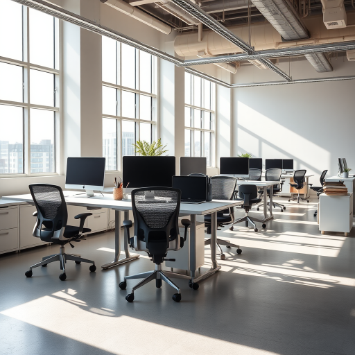 interior office space with modern desks, ergonomic chairs, computer monitors, natural light streaming through large windows, minimalistic decor, soft shadows, photograph taken with a Canon EOS R5, 24mm lens, f/8 aperture, ISO 100, high dynamic range imaging