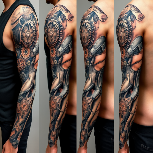 Biomechanical sleeve tattoo blending organic and mechanical elements, featuring exposed gears, pistons, and circuitry seamlessly integrated with muscle tissue and tendons for a futuristic cyborg appearance