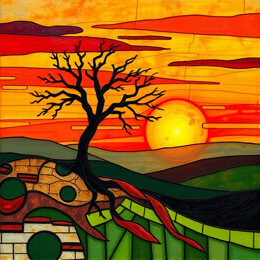 A vibrant abstract painting on Tiffany Glass, blending acrylic and alcohol ink techniques, captures a dramatic sunset over rolling hills. The artwork features a textured, rocky foreground in green and brown, layered abstract hills, and a striking sunset in rich oranges, yellows, and reds. A solitary black tree with intricate branches contrasts against the fiery sky, creating a dynamic and expressive portrayal of a breathtaking natural scene.