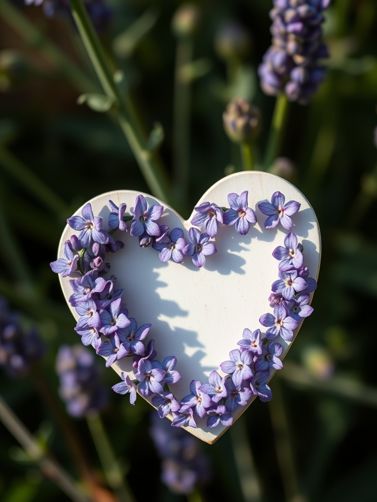 Create a high-resolution image of a heart shape decorated with lavender flowers, using a Canon EOS R5 camera with a 50mm lens, f/2.8 aperture, 1/250 shutter speed, and soft natural lighting, capturing a close-up view to enhance detail and colors.