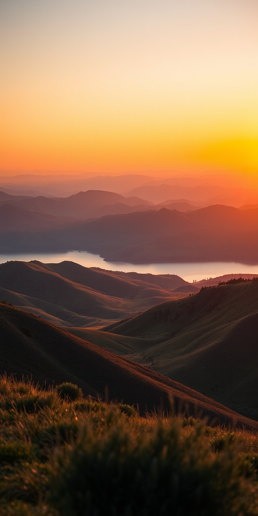 Create a high-resolution image of a serene landscape at sunset featuring rolling hills and a calm lake, use a Canon EOS R5 camera with a 24-70mm lens, aperture set to f/8, ISO 100, and a shutter speed of 1/125s, captured from a low vantage point with a wide-angle view for a dramatic effect.