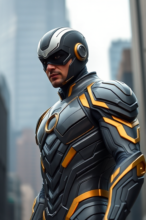 highly detailed superhero in a metallic suit with gold accents standing in a cityscape, shallow depth of field, f/1.8 aperture, 50mm lens, ISO 100, soft lighting, high dynamic range, captured with a DSLR camera