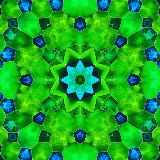 Generate a vibrant hexagonal mosaic pattern with shades of green and blue, taken with a Canon EOS 5D Mark IV, 50mm lens, f/4 aperture, ISO 100, top-down view, high dynamic range.