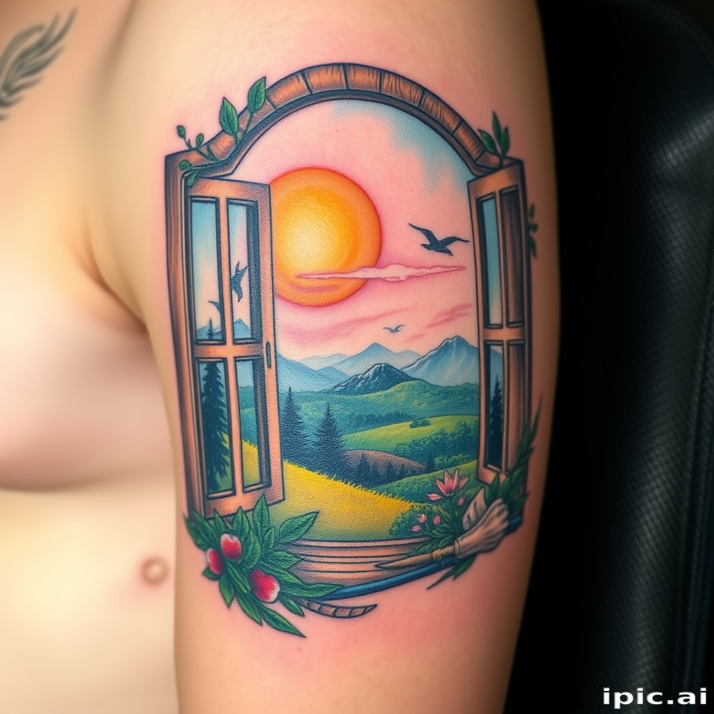 Photorealistic color tattoo titled "Nature's Canvas" depicting a lifelike landscape scene with meticulous attention to detail in natural colors creating the illusion of a window on the skin