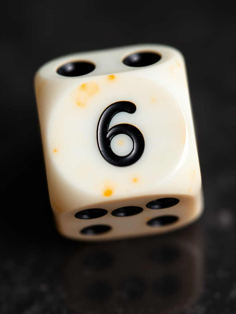 Create an ultra-high-definition image of a standard die showing the number six, using a macro lens with a shallow depth of field, ISO 100, aperture f/2.8, and a slight top-down perspective for enhanced detail and clarity.