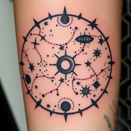 Pointillism tattoo called "Constellation Map" showcasing intricate star patterns and celestial bodies created entirely with tiny dots of varying sizes and densities
