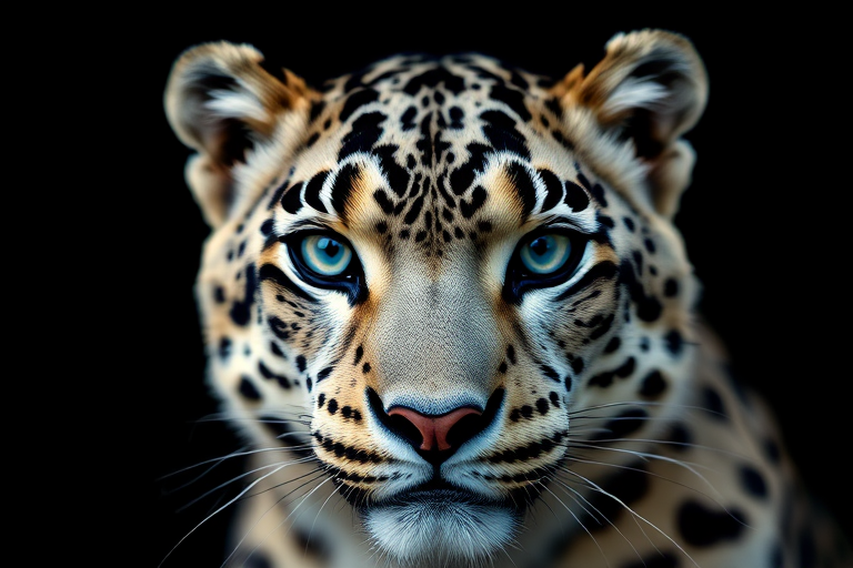 Create a highly detailed and realistic image of a snow leopard's face with striking blue eyes against a black background, using a DSLR camera with a 50mm lens, aperture set to f/2.8, ISO 100, and a shallow depth of field to enhance focus on the leopard's features.