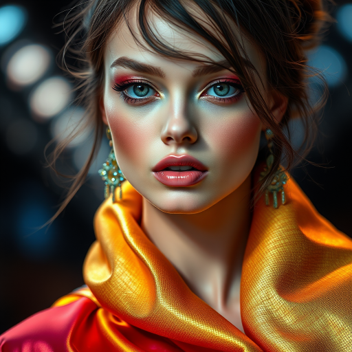 Runway capture, a beautiful model, vibrant colors, metallic textures, high fashion editorial , a 100mm macro lens to get extreme close-ups of intricate details like fabric stitching, accessories, or makeup artistry