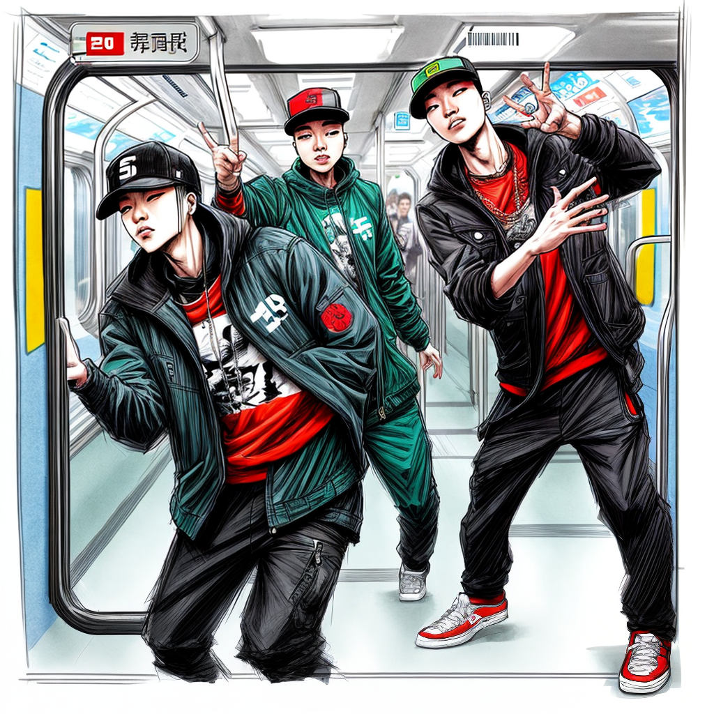 Cartoon Asian Rapper CHINESE RAPPER IN SUBWAY TRAIN. DANSERS HIP HOP. COMIC BOOK. SKETCH STYLE