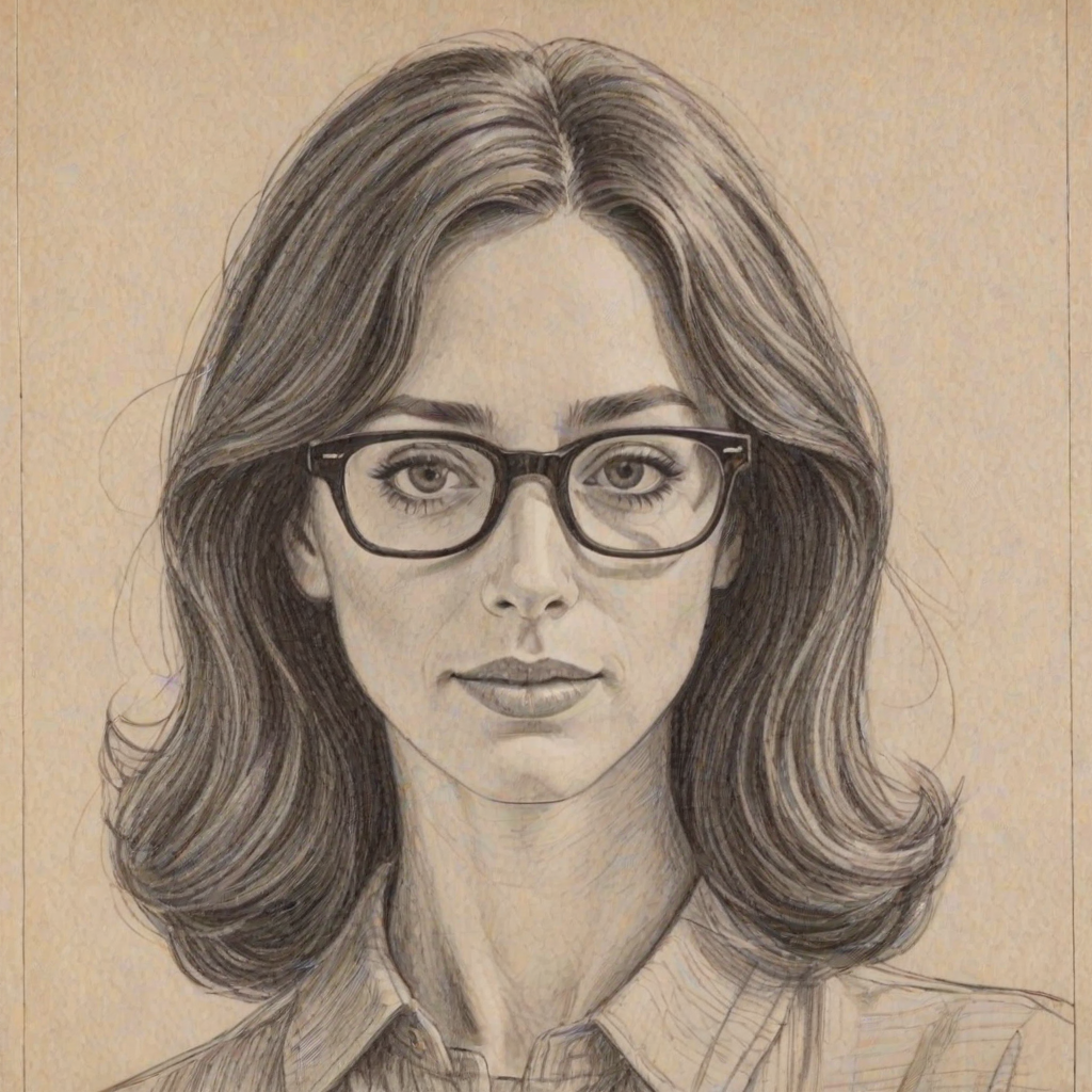 Dazzling Catherine Reitman, pencil sketch, portrait of Fetching woman 1962s in glasses, hair style beatnik, outline, clear lines, fine lines, 8k