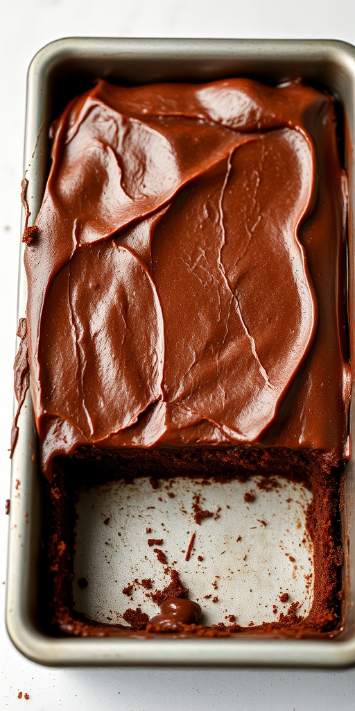 A close-up view of a rectangular chocolate dessert in a metal baking pan with a piece missing, glossy frosting on top, and a light background.