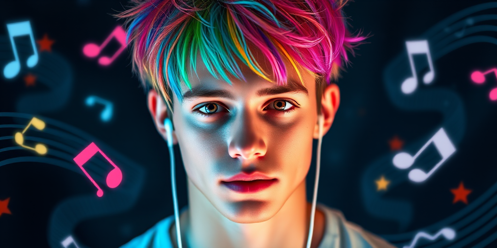 create a hyper-realistic portrait of a young man with vibrant, multicolored hair, wearing earbuds, surrounded by musical notes and swirling light patterns, using a Canon EOS R5 with a 50mm f/1.2 lens, at ISO 100, f/2.8, and an aperture of 1/200s, in portrait mode with dramatic lighting and a bokeh background effect.