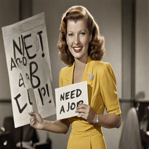 caricature of a smiling Rita Hayworth in a Yellow dress or suit, holding up a sign that says "NEED A JOB", no watermark,