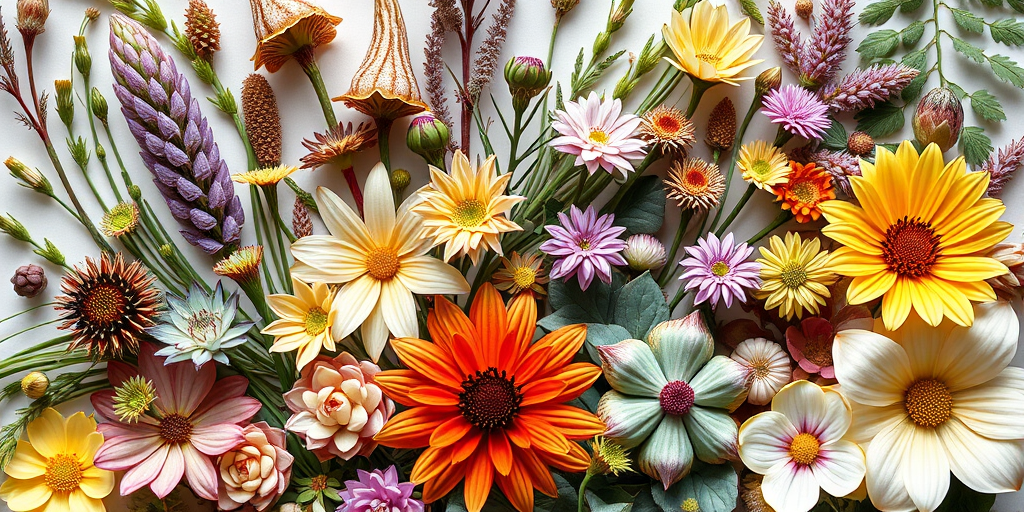 Create a highly detailed botanical illustration of various unique plants and flowers arranged artistically, captured with a macro lens, aperture f/2.8, ISO 100, and a Canon DSLR, utilizing soft natural lighting to enhance color vibrancy and texture.