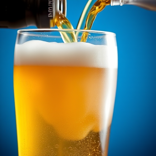 Pouring beer into a cold glass with foam spilling over, shallow depth of field, backlit with a blue background, camera settings: ISO 100, f/2.8, shutter speed 1/200s, camera type: DSLR, lens: 50mm prime, view: close-up.