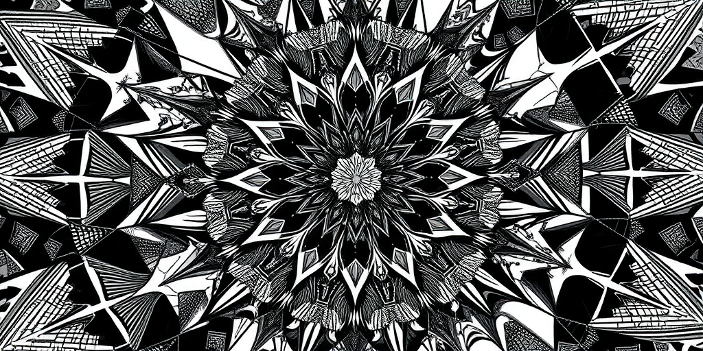 Create an intricate black and white illustration of abstract geometric shapes and patterns with high contrast and sharp details, shot with a Canon EOS R5 at f/8, ISO 100, 1/125s, in a macro view style.