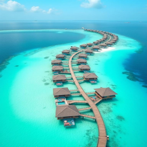 A high-quality, realistic aerial photo, a stunning travel and architectural shot, captured with a DJI Mavic 3 Pro or a Canon EOS R5 with a Canon RF 15-35mm f/2.8L IS USM lens (simulating a drone perspective). The image presents an exquisite overwater bungalow resort, likely in the Maldives, curving along a narrow, pristine white sand spit. The resort features numerous individual bungalows with traditional thatched or natural-toned roofs, connected by a long, elegant wooden boardwalk that follows the contour of the land.