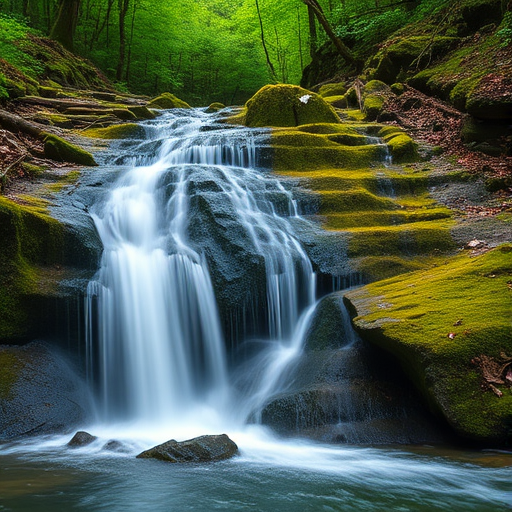 A serene waterfall cascading down moss-covered rocks in a lush forest, captured with a Canon EOS 5D Mark IV, using a 24-70mm f/2.8 lens at f/11, with a shutter speed of 1/4 second for smooth water effects, ISO 100, shot in natural daylight for vibrant colors.