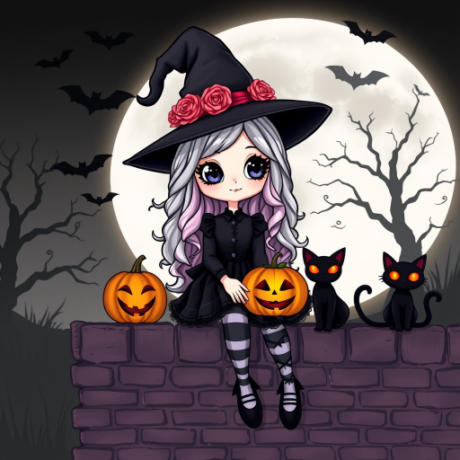 A cute, gothic-style cartoon of a young witch resembling Wednesday Addams sitting on a brick wall under a full moon. She has long wavy hair with silver, pink, and purple ombre highlights, and wears a classic black witch hat decorated with a pumpkin and roses. She is dressed in a black frilly dress with striped stockings and black shoes. A glowing Jack-o'-lantern sits beside her, and a black cat with glowing orange eyes is next to her. The background features a large moon, silhouetted bats, and a spooky tree, with a soft monochrome and slightly glowing effect, creating a magical Halloween atmosphere.