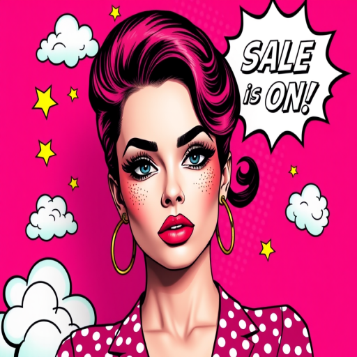 Create a vibrant pop art illustration of a stylish woman with bold makeup and a retro hairstyle standing against a bright pink background featuring comic-style elements like stars, clouds, and an explosive speech bubble saying "SALE IS ON!" Use a Canon EOS R5 with a 50mm f/1.2 lens, aperture at f/4, ISO 100, and a shallow depth of field to enhance the colors and details.