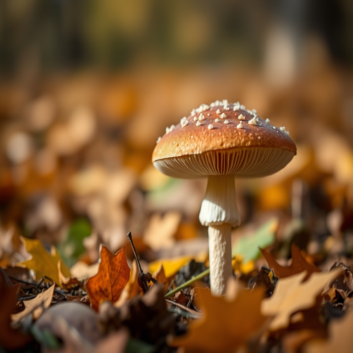 mushroom in a forest setting during autumn, shallow depth of field, natural lighting, close-up view, Canon EOS 5D Mark IV, f/2.8, ISO 200, 50mm lens