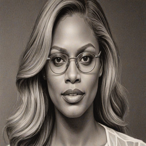 Lovely Laverne Cox, pencil sketch, portrait of Enchanting woman 1933s in glasses, hair style beatnik, outline, clear lines, fine lines, 8k
