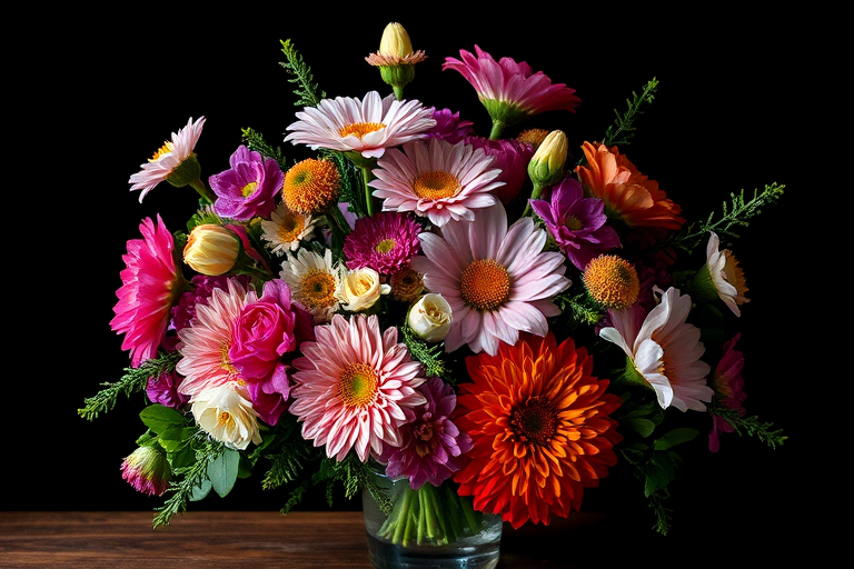 Still life of a luxurious floral arrangement in a glass vase featuring a variety of vibrant flowers with intricate details, dark background to enhance colors, shot with a Canon EOS R5, 50mm lens, f/1.2 aperture, 1/125 sec shutter speed, ISO 100, natural light for soft shadows.