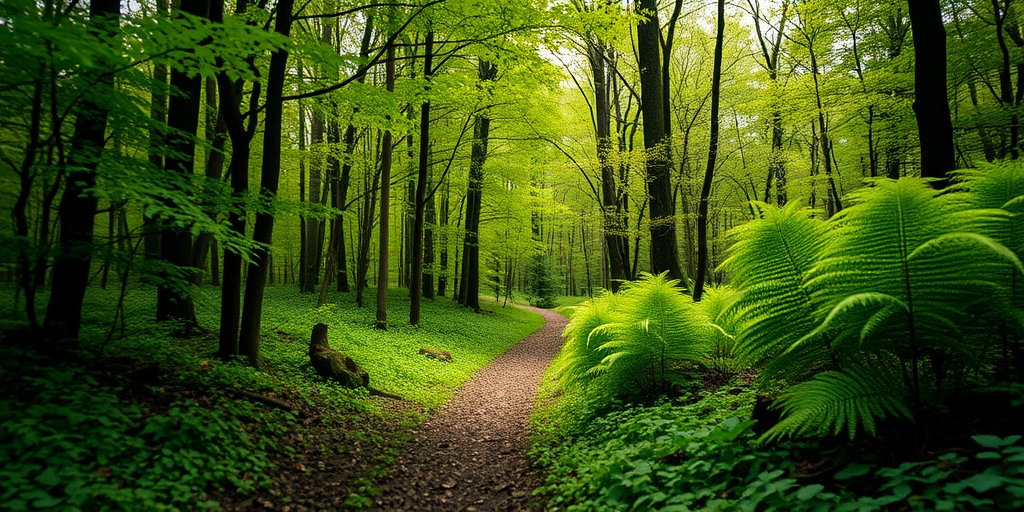 forest path with vibrant green trees and ferns, soft natural light, shallow depth of field, ISO 200, f/2.8, 50mm lens, DSLR camera, landscape perspective