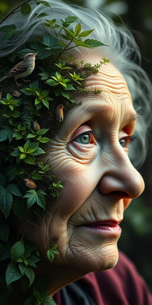 Create a hyper-realistic portrait of an elderly woman whose face transitions into a lush forest, showcasing intricate details of foliage and wildlife around her, shot with a Canon EOS R5 at 50mm f/1.8, ISO 100, with soft natural lighting to enhance textures and colors.