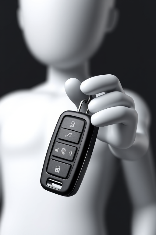Create a high-resolution 3D render of a gray humanoid figure holding a detailed car key fob, soft shadows, studio lighting, 50mm lens, f/4 aperture, ISO 100, and a shallow depth of field for emphasis on the key fob.
