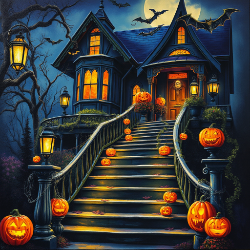 airbrushed oil painting, halloween theme, a haunted house, stairs, highly decorated, illuminated, lanterns, jack o'lantern, bats, webcobs