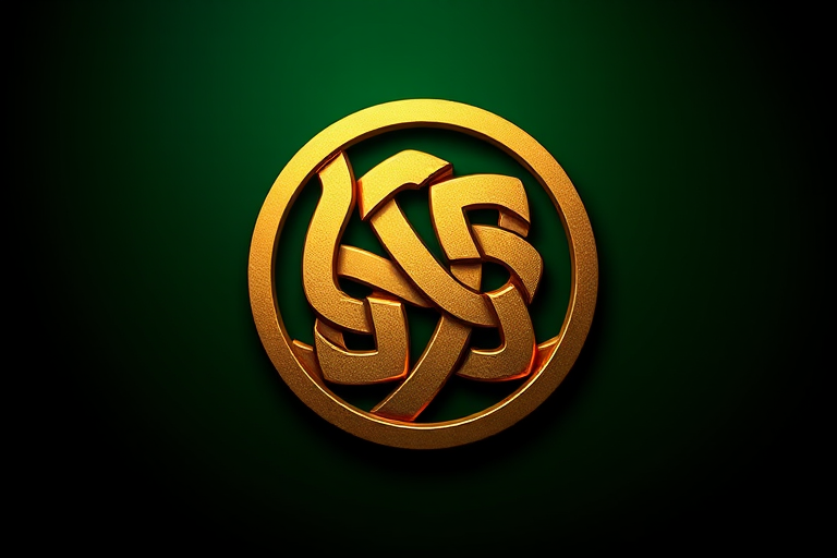 Create a high-resolution image of a gold Celtic knot symbol against a dark green background, using a DSLR camera at f/2.8 aperture, 50mm lens, with a shallow depth of field, and a soft studio lighting setup for enhanced clarity and detail.